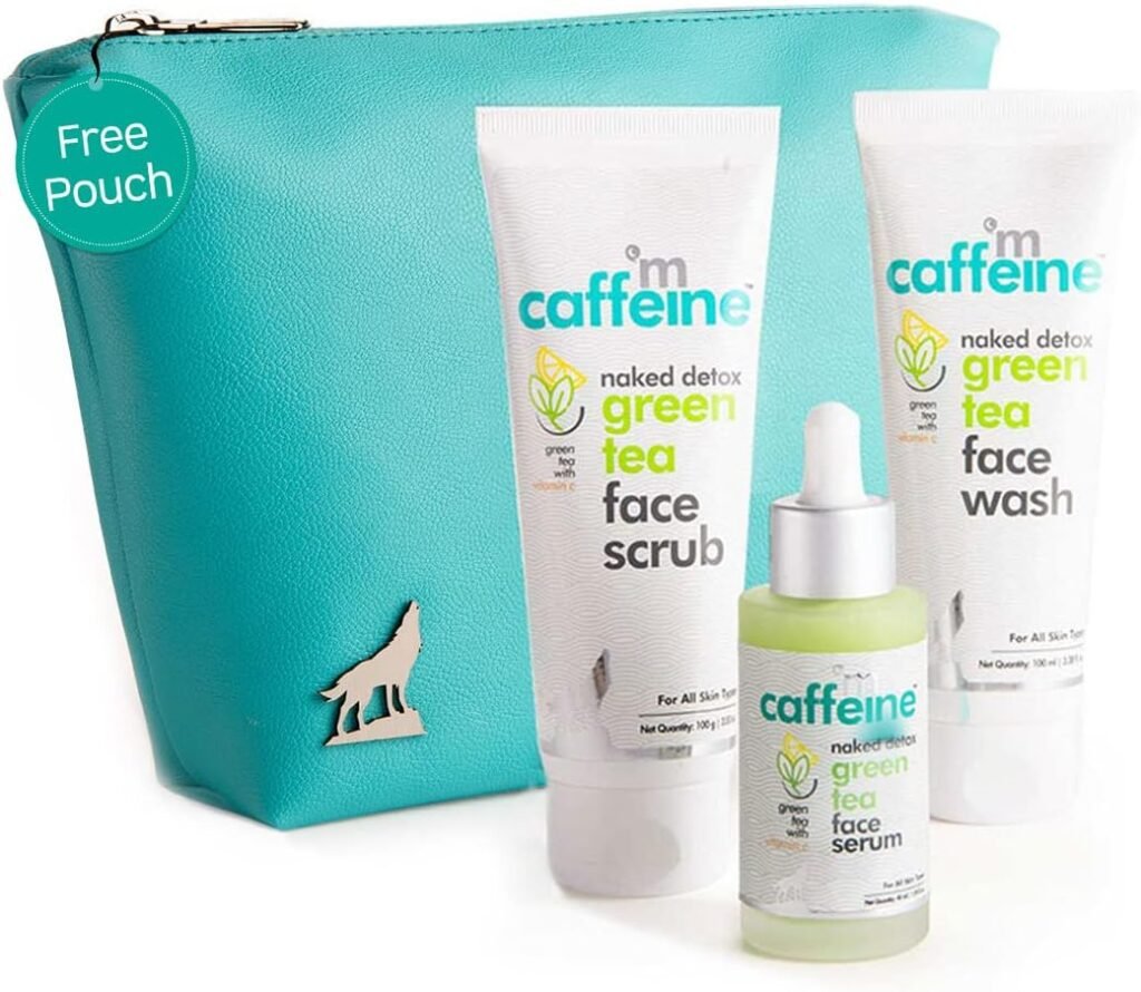mCaffeine Skincare Kit for Women  Men with Vitamin C Face Serum, Face Wash  Face Scrub | Green Tea Detox Facial Kit with Free Makeup Pouch | Skincare Routine Kit for All Skin Types