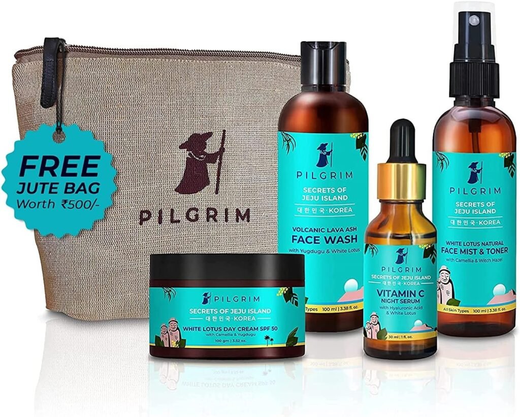 Pilgrim Korean Beauty Flawless Skin Face Care Kit With Vitamin C Night Serum  Jute Kit Bag | Daily Face Wash 100 Ml, Refreshing Face Mist  Toner 100 Ml, Brightening Day Cream Spf50 100 Gm