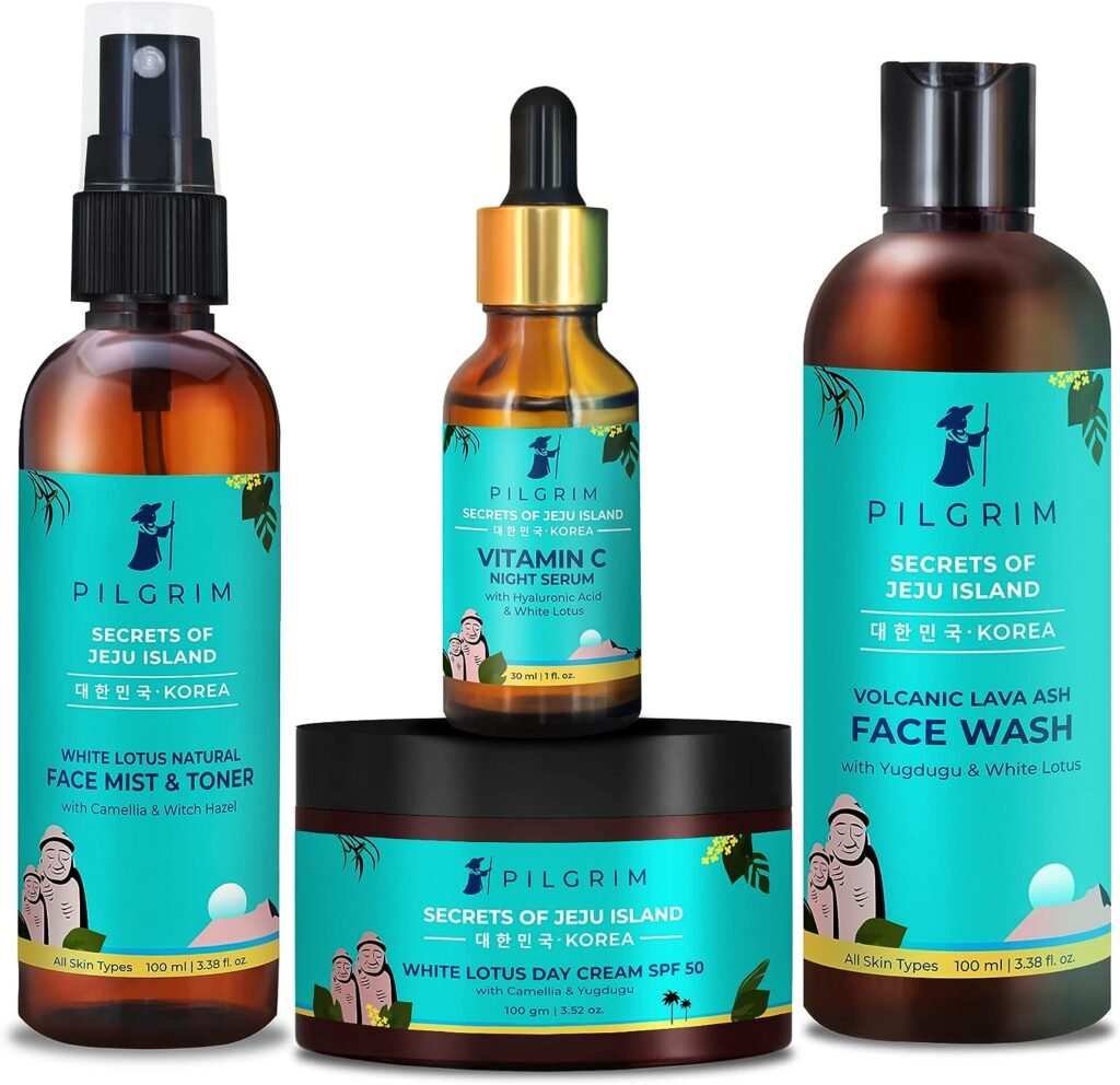 Pilgrim Korean Beauty Flawless Skin Face Care Kit With Vitamin C Night Serum  Jute Kit Bag | Daily Face Wash 100 Ml, Refreshing Face Mist  Toner 100 Ml, Brightening Day Cream Spf50 100 Gm