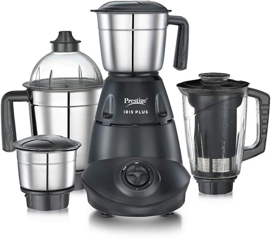 Prestige IRIS Plus 750 W Mixer grinder with 4 Jars (3 stainless steel Jars+ 1 Juicer Jar)| 4 Super efficient stainless blades | 2 years warranty| Black