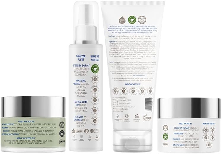 The Moms Co. Oily Skin Complete Care Kit l Oil Free Look l Green Tea l Face Wash l Toner l Cream l Night Gel l Free Vanity Bag l 500 gms