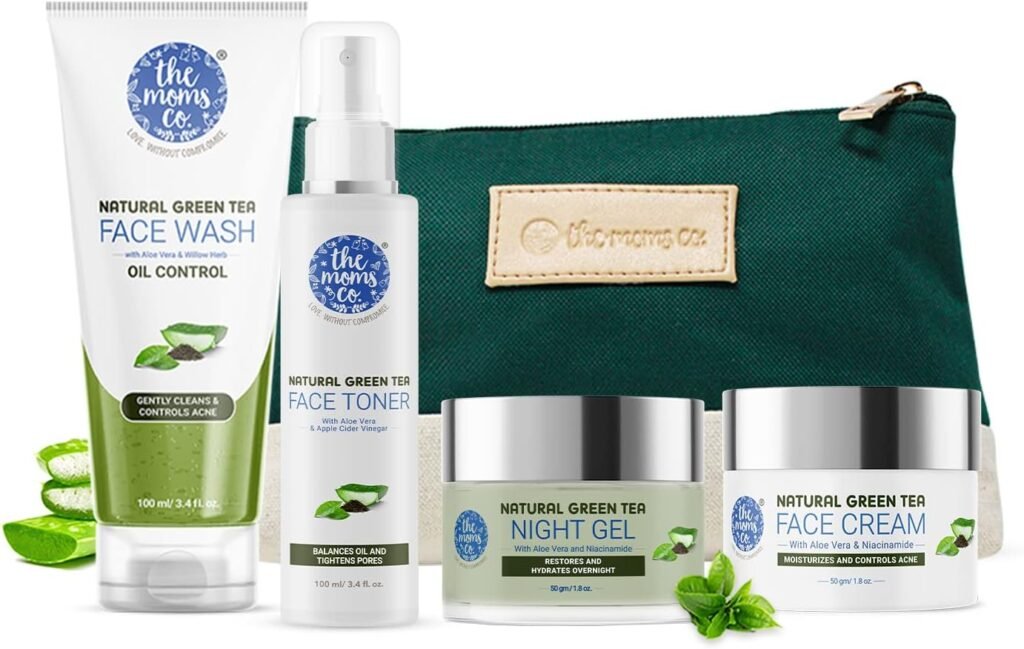 The Moms Co. Oily Skin Complete Care Kit l Oil Free Look l Green Tea l Face Wash l Toner l Cream l Night Gel l Free Vanity Bag l 500 gms