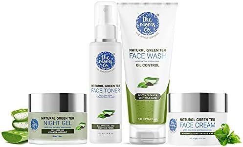 The Moms Co. Oily Skin Complete Care Kit l Oil Free Look l Green Tea l Face Wash l Toner l Cream l Night Gel l Free Vanity Bag l 500 gms
