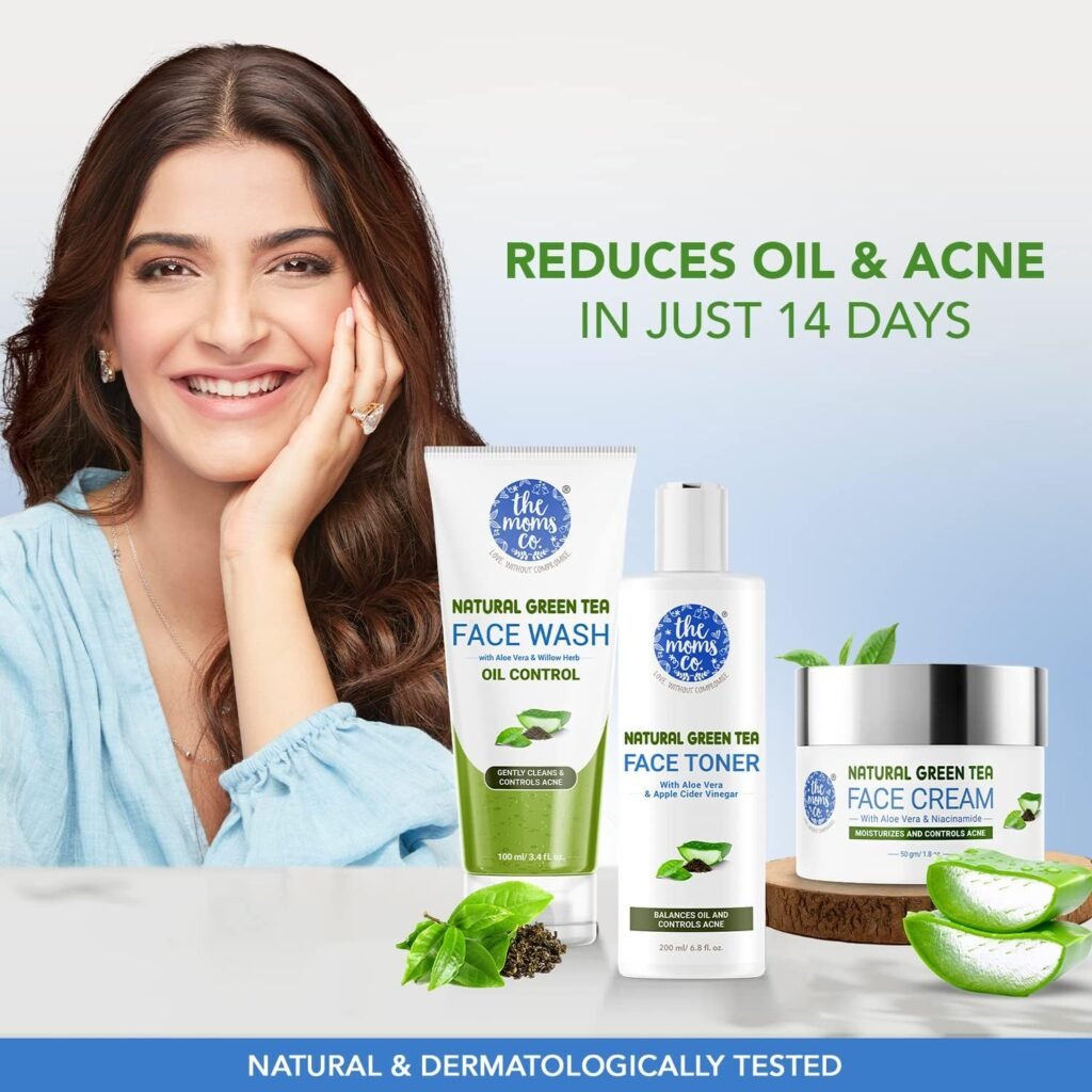 The Moms Co. Oily Skin Complete Care Kit l Oil Free Look l Green Tea l Face Wash l Toner l Cream l Night Gel l Free Vanity Bag l 500 gms
