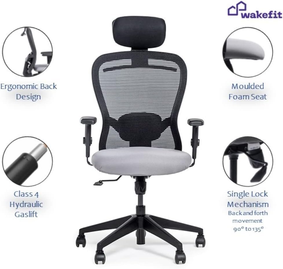 Wakefit Office Chair | 3 Years Warranty | Ergonomic Chair, Chair for Office Work at Home, Study Chair, Adjustable Height, High Back Office Chair, High Back Single Lock DIY (Safari-BlackGrey)