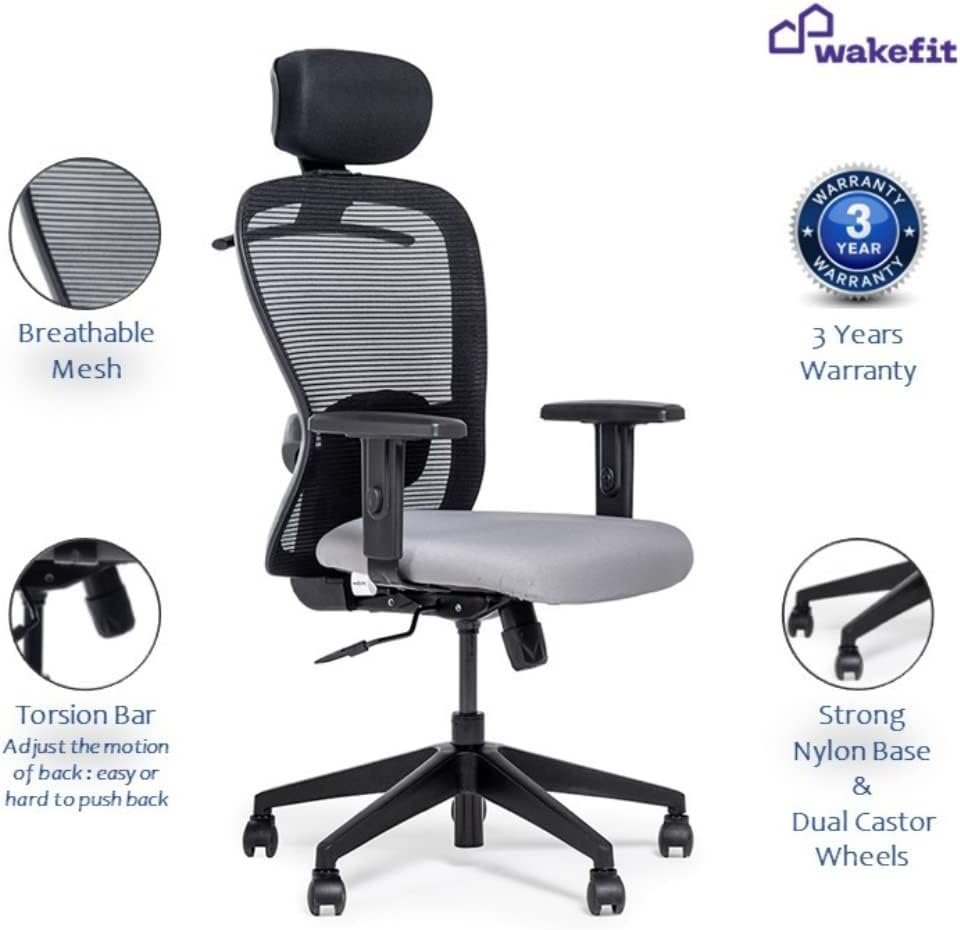 Wakefit Office Chair | 3 Years Warranty | Ergonomic Chair, Chair for Office Work at Home, Study Chair, Adjustable Height, High Back Office Chair, High Back Single Lock DIY (Safari-BlackGrey)