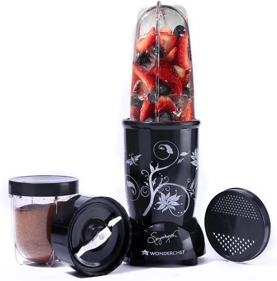 Wonderchef Nutri-blend Mixer, Grinder Blender | Powerful 400W 22000 RPM motor | Stainless steel Blades | 2 unbreakable jars | 2 Years warranty | Online recipe book by Chef Sanjeev Kapoor | Black