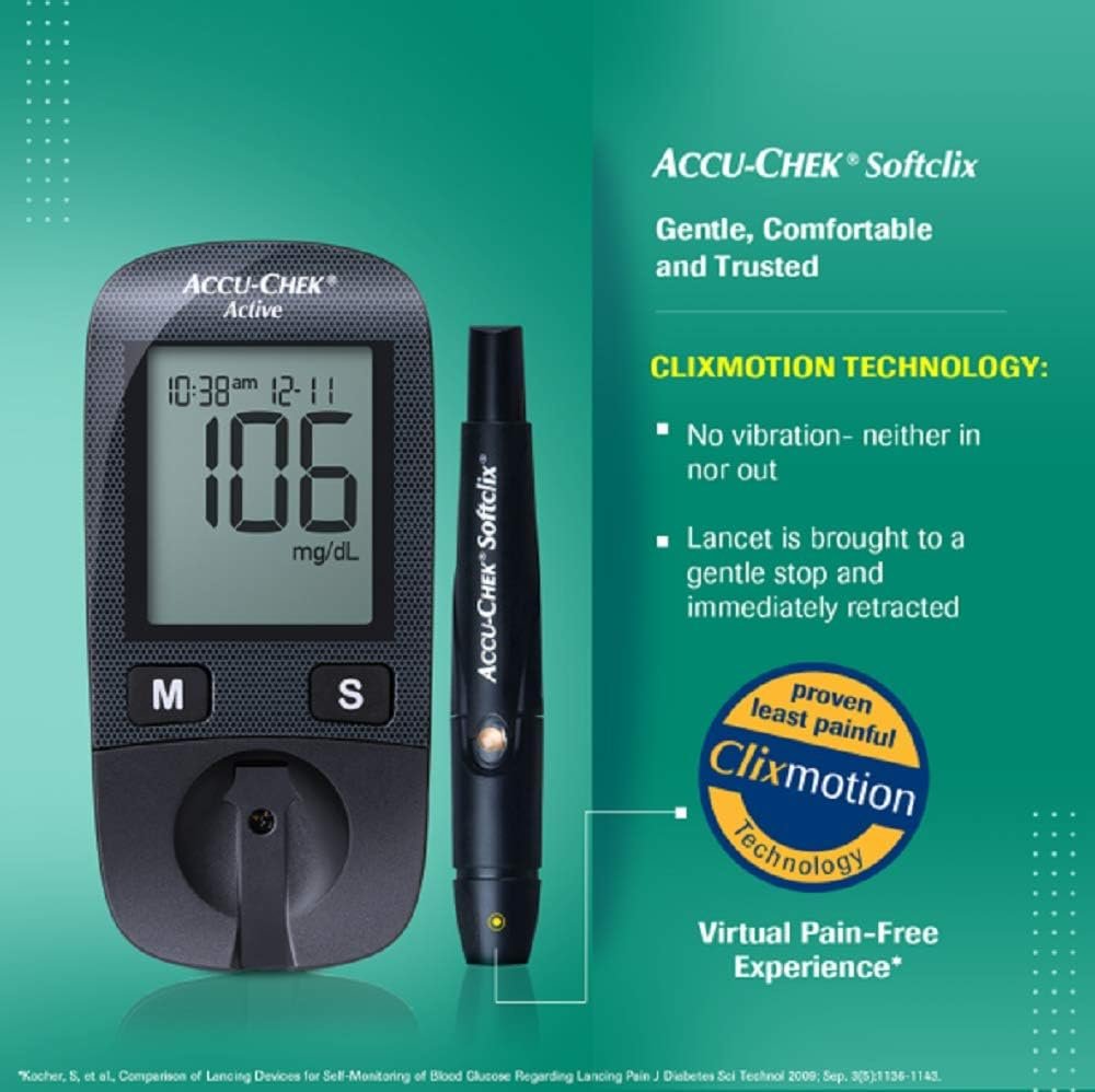 Accu-Chek Active Blood Glucose Glucometer Kit with Vial of 10 Strips, 10 Lancets and a Lancing device FREE