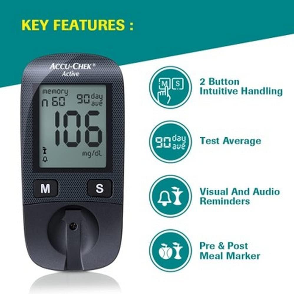 Accu-Chek Active Blood Glucose Glucometer Kit with Vial of 10 Strips, 10 Lancets and a Lancing device FREE