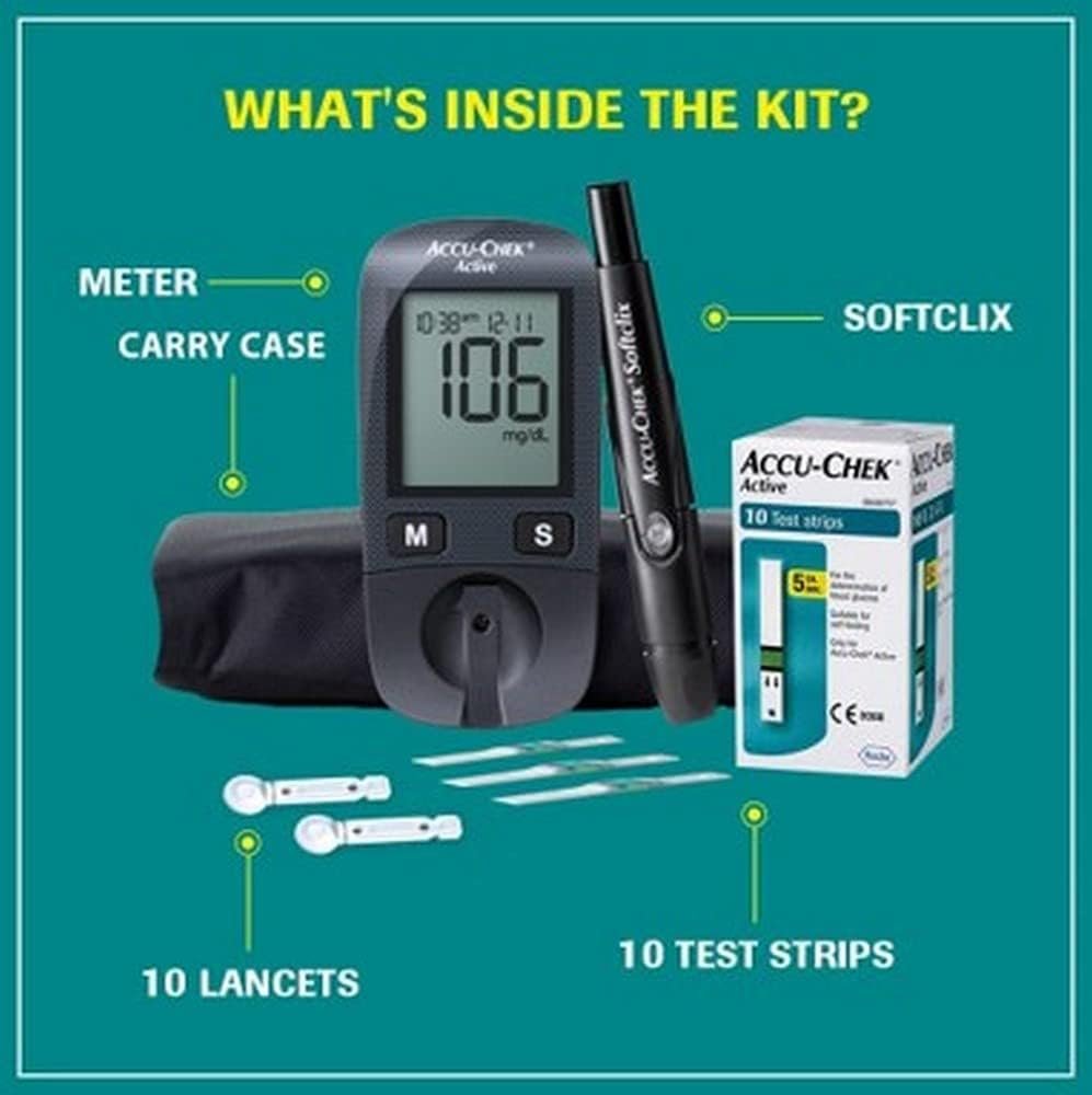 Accu-Chek Active Blood Glucose Glucometer Kit with Vial of 10 Strips, 10 Lancets and a Lancing device FREE