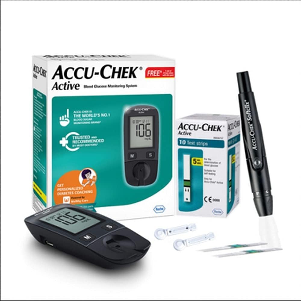 Accu-Chek Active Blood Glucose Glucometer Kit with Vial of 10 Strips, 10 Lancets and a Lancing device FREE