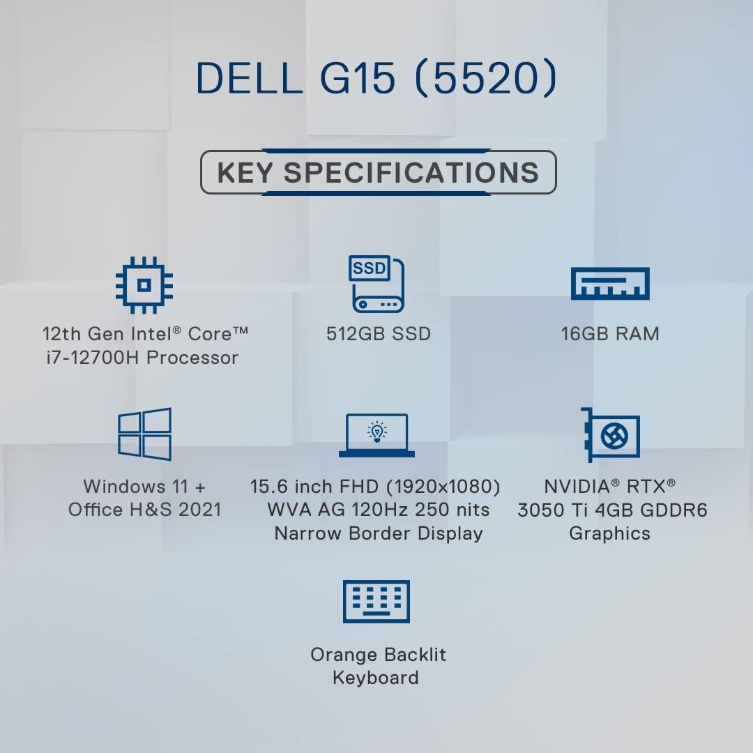 Dell G15 5520 Gaming Laptop, Intel Core i7-12700H Processor/ 16GB/ 512Gb/ NVIDIA RTX 3050Ti 4GB GDDR6/ 15.6 (39.62cm) FHD 120Hz 250 nits/Win 11 + MSO21/ Backlit KB Orange/Shadow Grey/ 2.81Kg