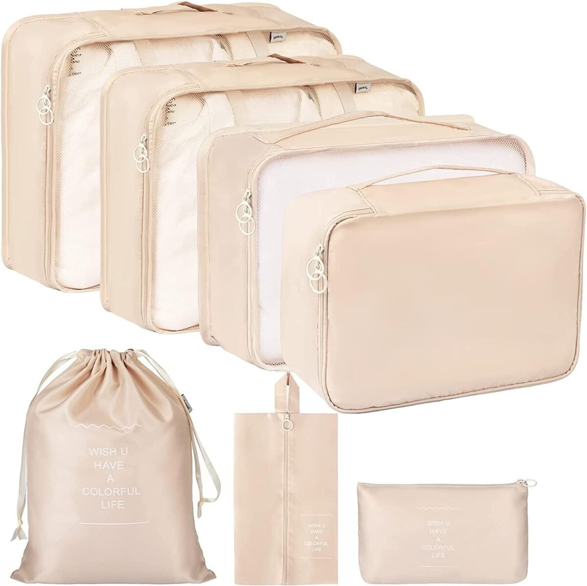 House of Quirk Packing Cubes 7 Pcs Travel Luggage Packing Organizers Set with Toiletry Bag (Beige, polyester)