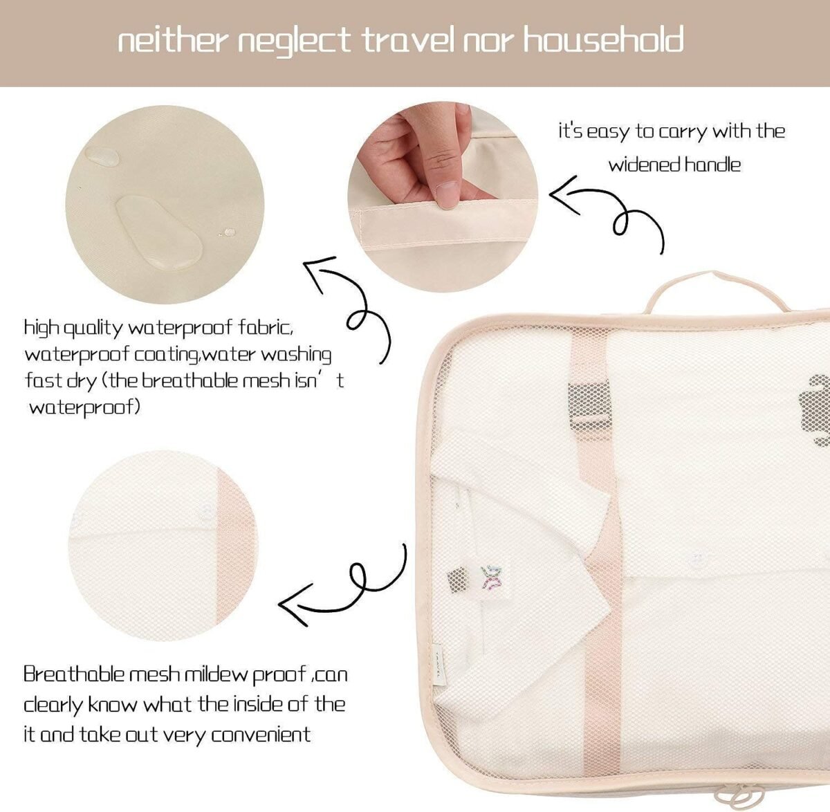 House of Quirk Packing Cubes 7 Pcs Travel Luggage Packing Organizers Set with Toiletry Bag (Beige, polyester)