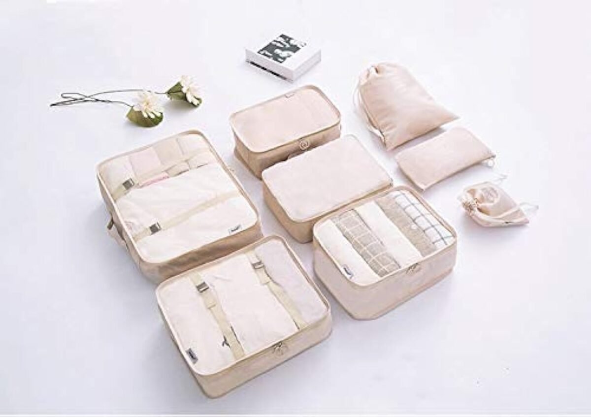 House of Quirk Packing Cubes 7 Pcs Travel Luggage Packing Organizers Set with Toiletry Bag (Beige, polyester)