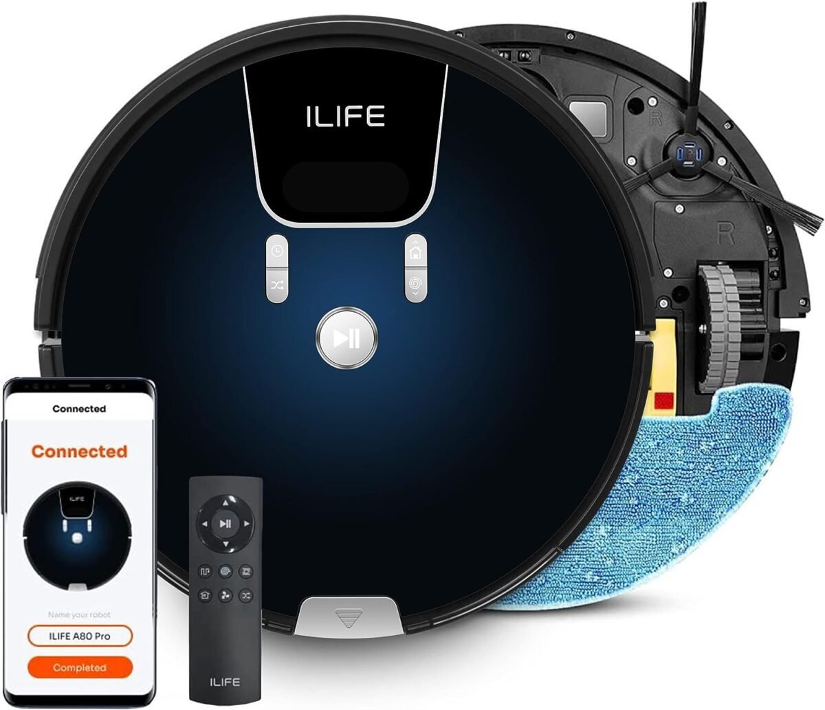 ILIFE A80 Pro Robotic Vacuum Cleaner, Powerful Suction, Customized Schedule Cleaning, Ideal for Hard Floor, Low Pile Carpet, Vacuum and Mop (Gradient Blue)