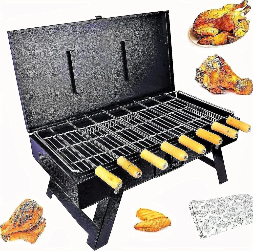MAZORIA Barbeque Grill Set For Home Outdoor Portable Tandoor Charcoal Bbq Foldable Briefcase Griller Barbeque Grill With 8 Skewers, 1 Grill, 1 Glove, 1 Tong 1 Butter Brush, Countertop