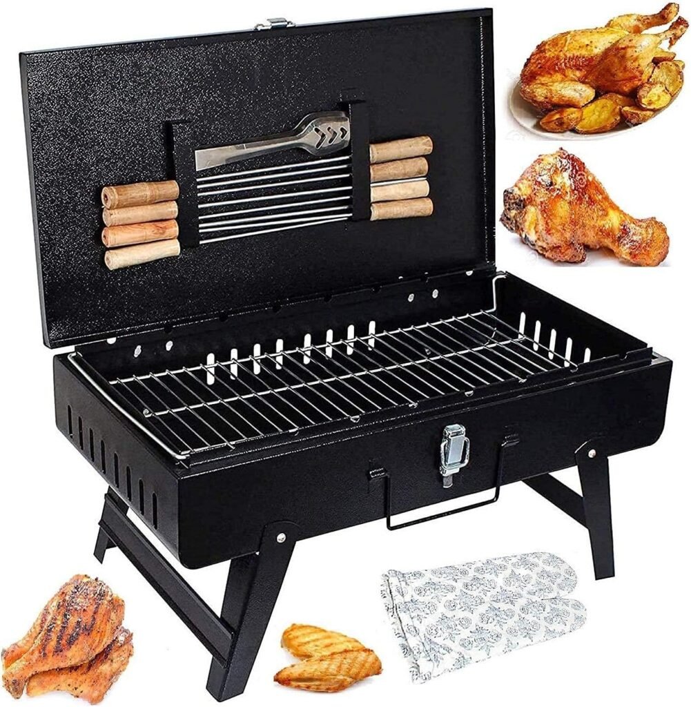 MAZORIA Barbeque Grill Set For Home Outdoor Portable Tandoor Charcoal Bbq Foldable Briefcase Griller Barbeque Grill With 8 Skewers, 1 Grill, 1 Glove, 1 Tong 1 Butter Brush, Countertop