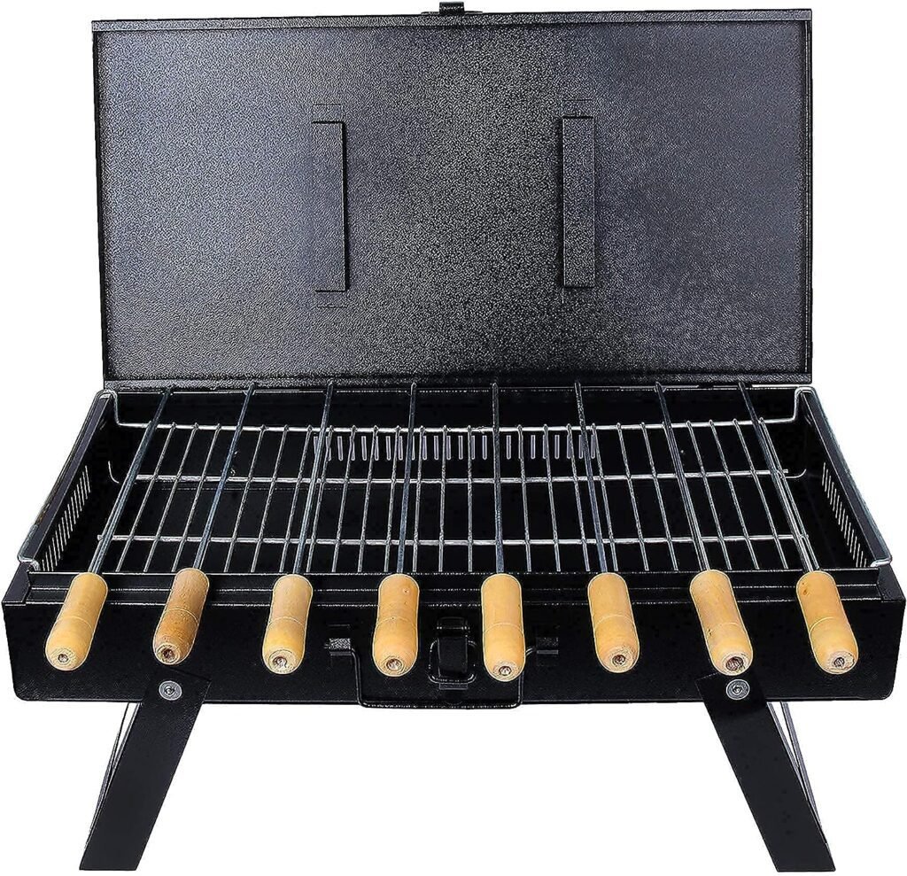 MAZORIA Barbeque Grill Set For Home Outdoor Portable Tandoor Charcoal Bbq Foldable Briefcase Griller Barbeque Grill With 8 Skewers, 1 Grill, 1 Glove, 1 Tong 1 Butter Brush, Countertop