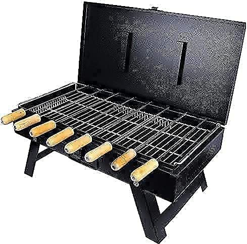 MAZORIA Barbeque Grill Set For Home Outdoor Portable Tandoor Charcoal Bbq Foldable Briefcase Griller Barbeque Grill With 8 Skewers, 1 Grill, 1 Glove, 1 Tong 1 Butter Brush, Countertop