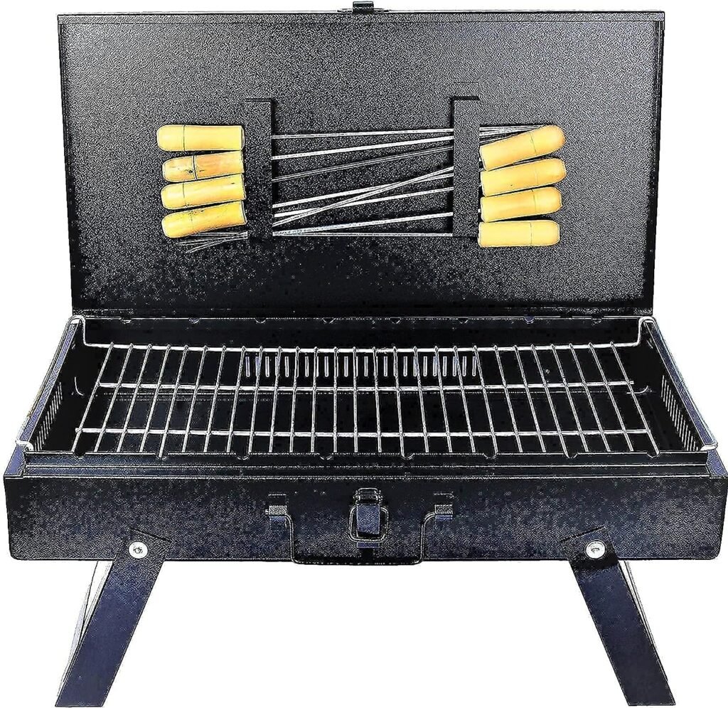 MAZORIA Barbeque Grill Set For Home Outdoor Portable Tandoor Charcoal Bbq Foldable Briefcase Griller Barbeque Grill With 8 Skewers, 1 Grill, 1 Glove, 1 Tong 1 Butter Brush, Countertop