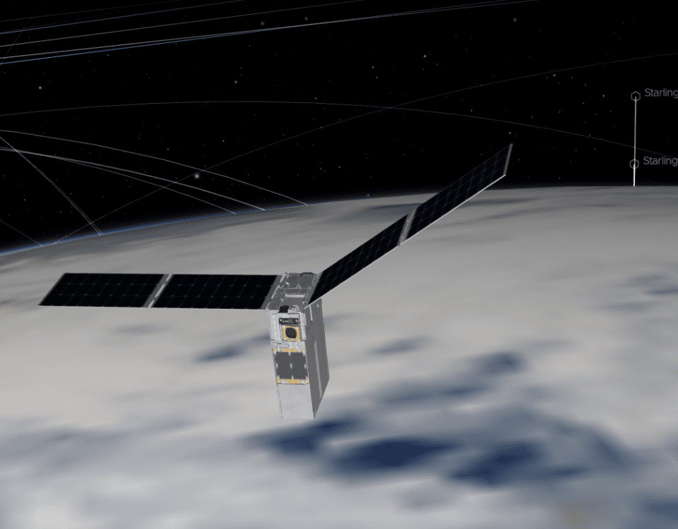 A computer rendering of a Starling spacecraft in orbit above the Earth.