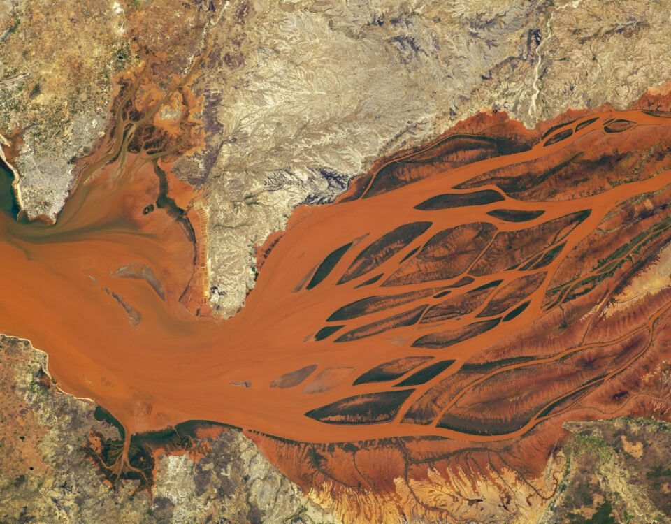 The waters of the Betsiboka River Delta, as seen from the International Space Station, are a vibrant orange. From left to right, the river branches off into many pathways, looking almost like the roots of a tree.