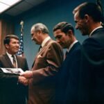Image of President Lyndon B. Johnson, second from left, presents Apollo 7 astronauts Walter M. Schirra, left, Donn F. Eisele, and R. Walter Cunningham with Exceptional Service Medals at the LBJ Ranch