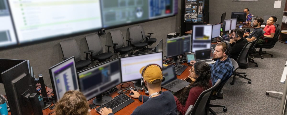 A team of engineers participates in simulation training for the Polar Resources Ice Mining Experiment-1 (PRIME-1) on Thursday, Nov. 2, 2023, inside the Neil Armstrong Operations and Checkout Building at NASA’s Kennedy Space Center in Florida.