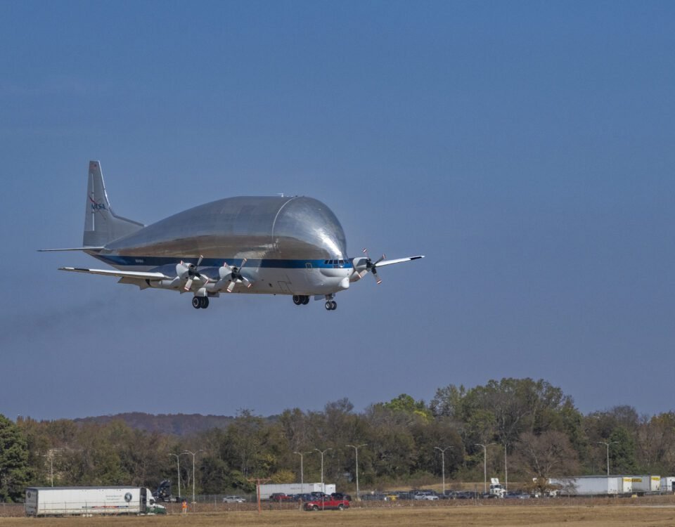 The large super guppy plane flies into Huntsville, Alabama for a landing.