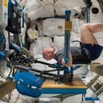 ESA astronaut Alexander Gerst in a squat position while working out on the ARED, with his arms against a beam. His body is facing to the right and his head turned to smile at the camera.